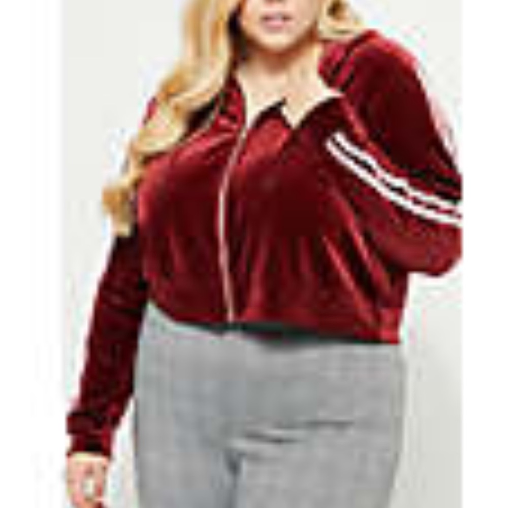 Rue 21 Plus Velour Maroon Cropped Zip Up Hoodie